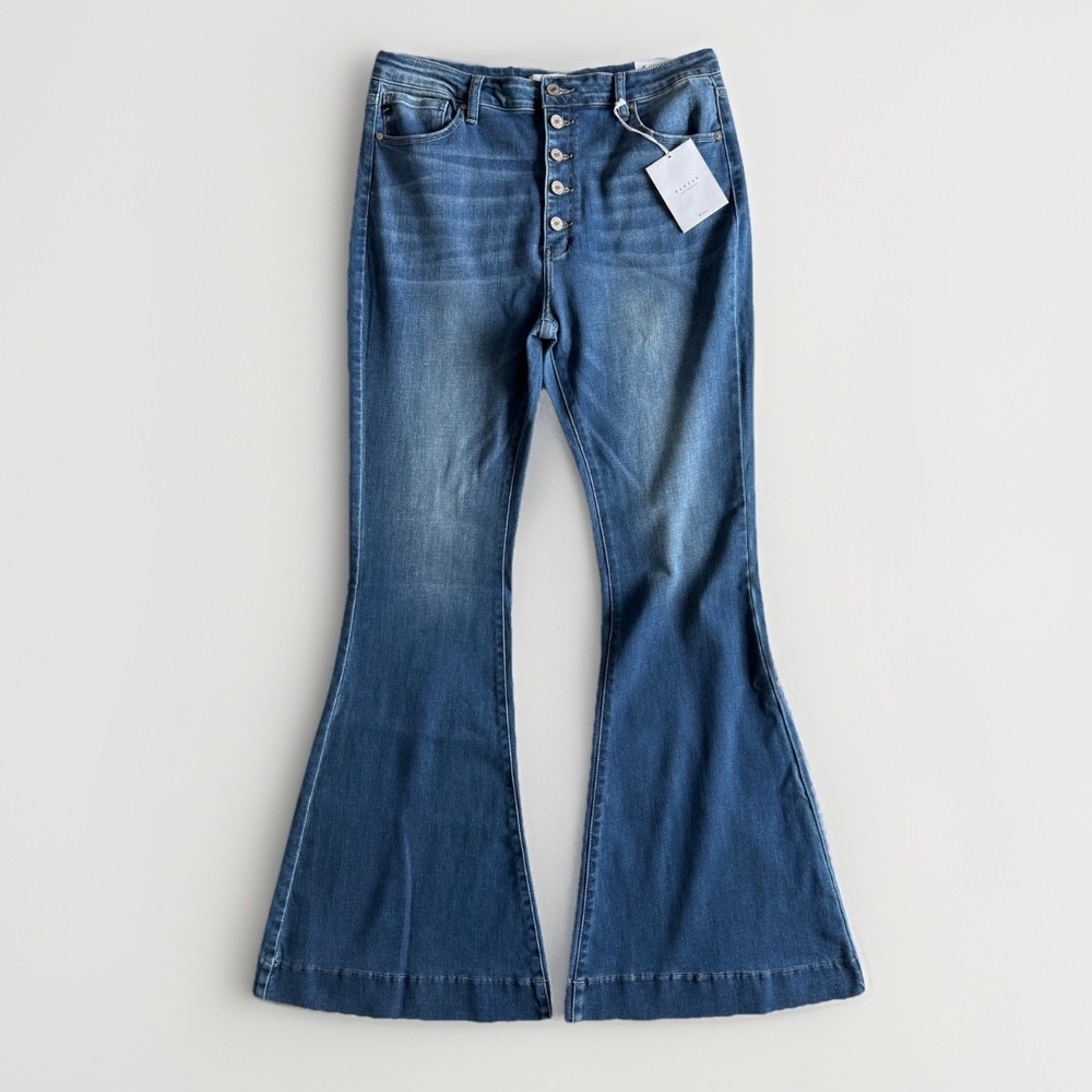 NWT KanCan Estilo High Rise Button Fly Bell Bottom Flare Jean Womens 34x34 Blue
